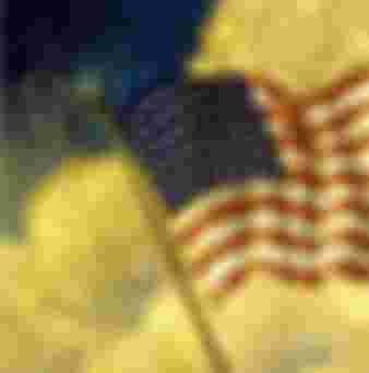 Poster showing the American flag waving among clouds.