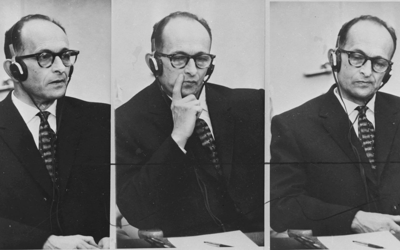 A triptych of photos showing Adolf Eichmann at his trial in Jerusalem, in 1961.