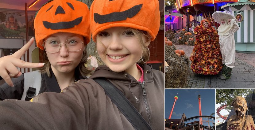 Trettonåringarna Pella och Mimmi på Gröna Lund i halloween-skrud. Foto: Privat