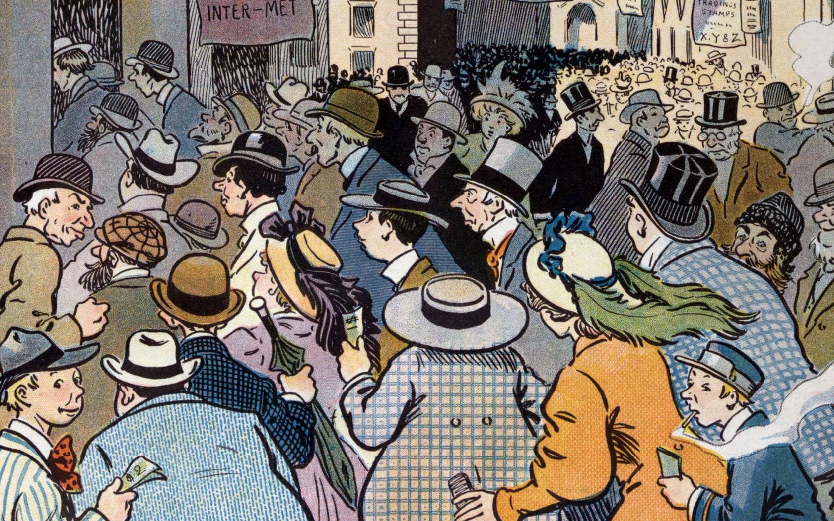 The illustration shows a throng of people on Wall Street rushing to purchase stocks from trading houses during the Panic of 1907.