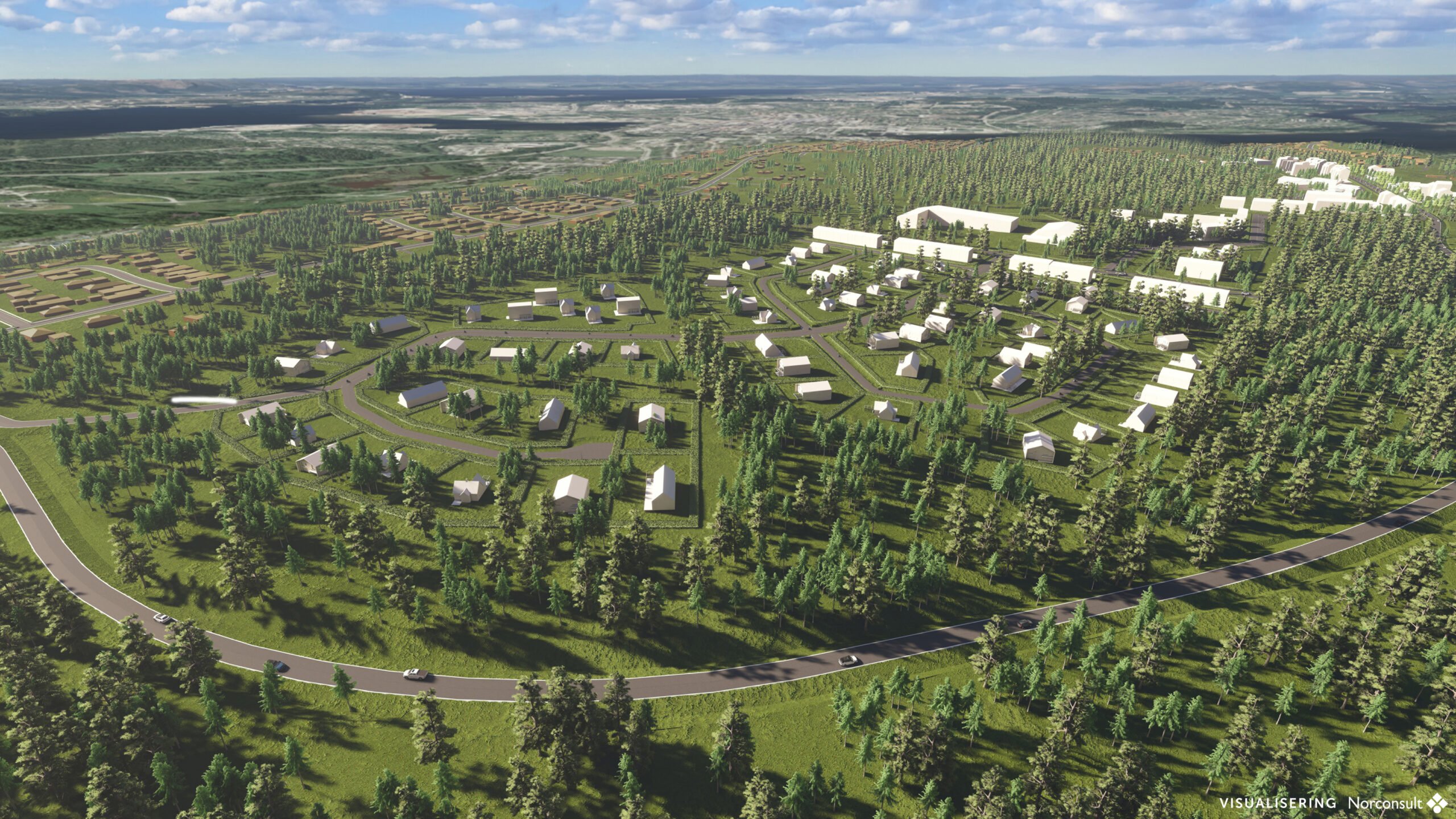 Flygbild &ouml;ver planerad bostadsomr&aring;de med vita hus spridda bland barrskog och gr&ouml;na marker.