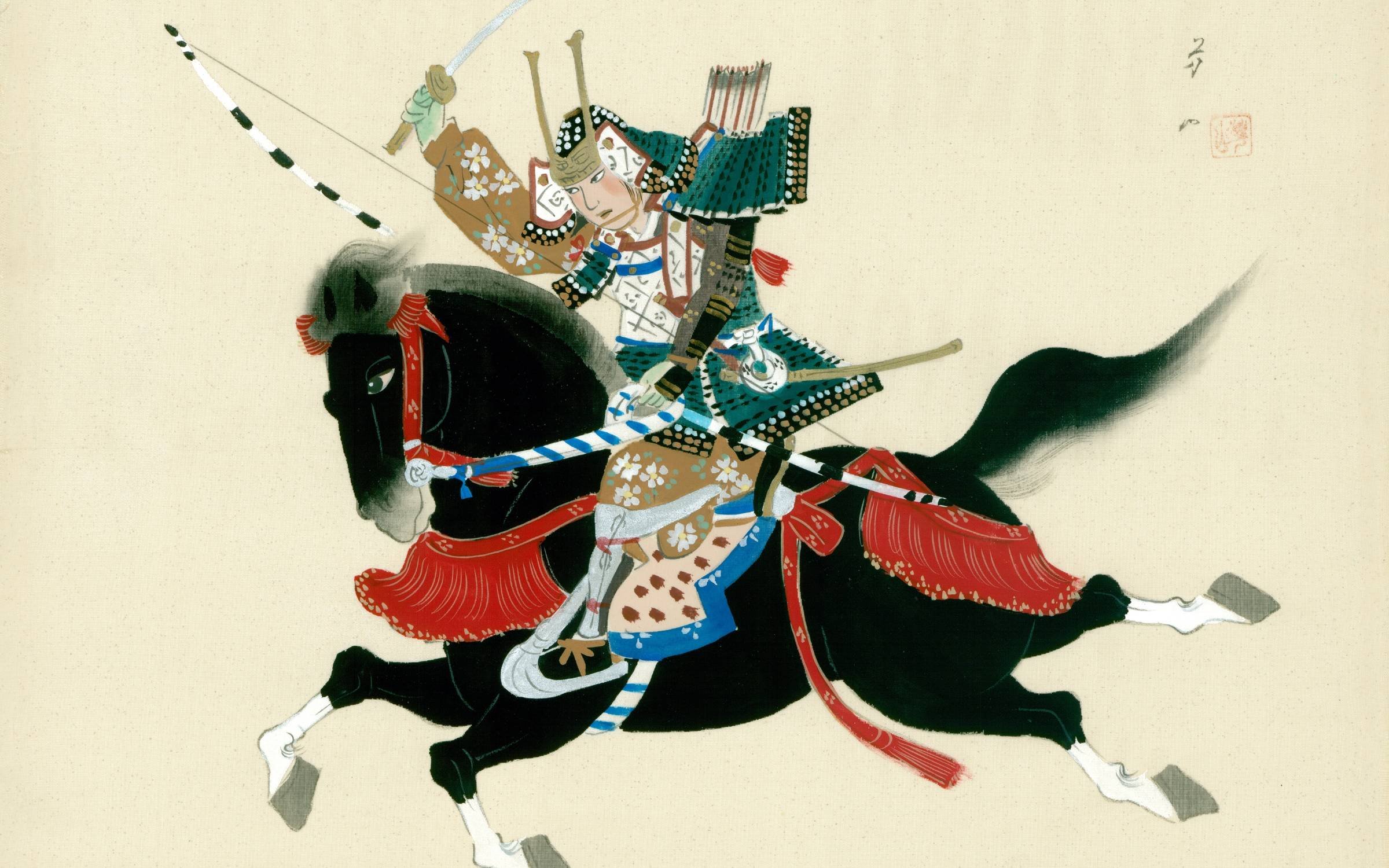 A Japanese painting on silk in a traditional style of a Samurai warrior riding a horse