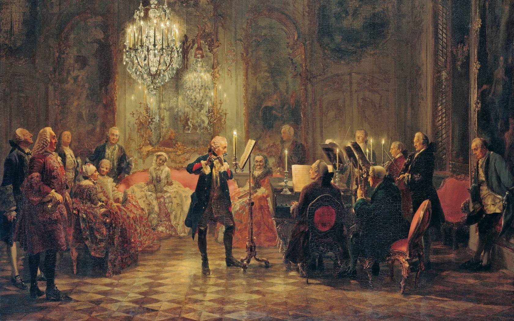 Frederick the Great playing the flute as C.P.E. Bach accompanies on the keyboard.