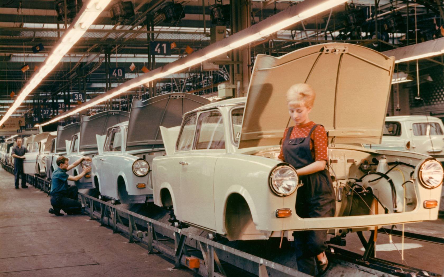 The Trabant car being manufactured at the East German Sachsenring car plant.