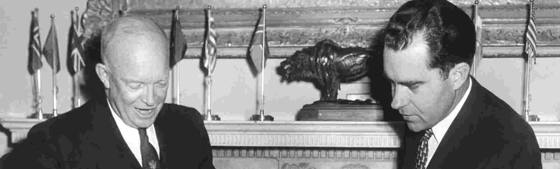 Vice President Richard Nixon discusses his trip to the Far East with President Dwight D. Eisenhower. 3 November, 1953.