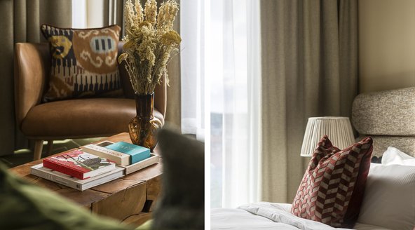 Detaljbilder på fåtölj och kudde i juniorsviten