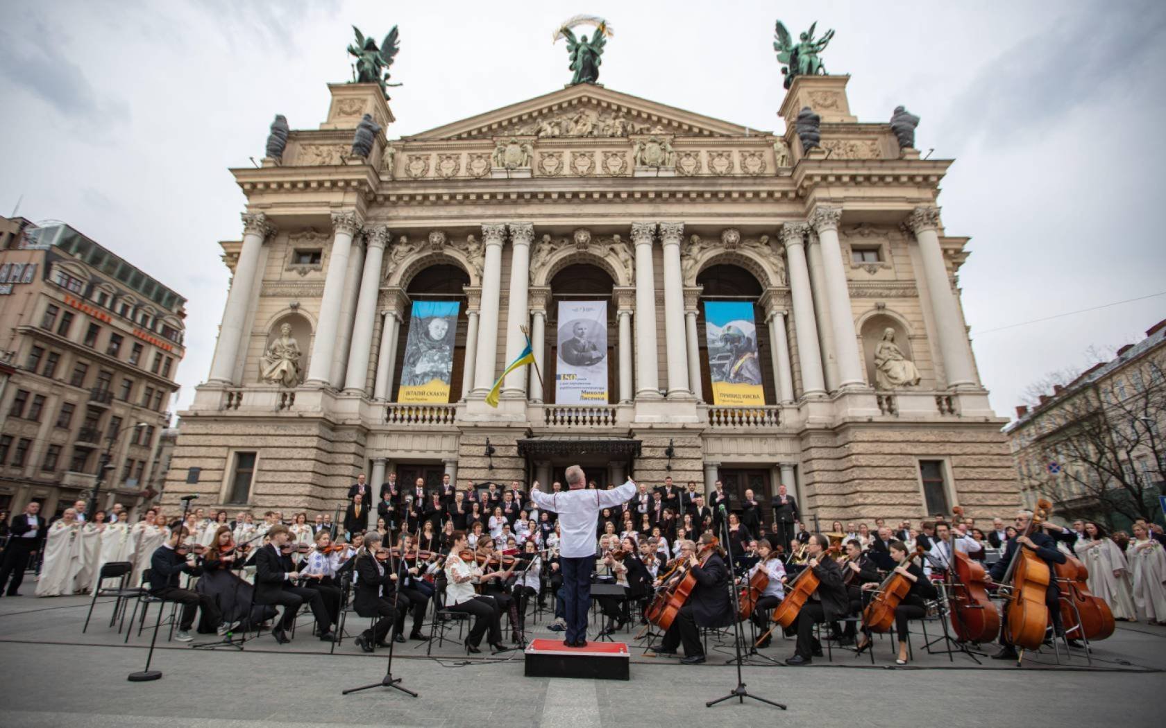 Concert near Lviv National Opera a month after the Russian invasion commenced.