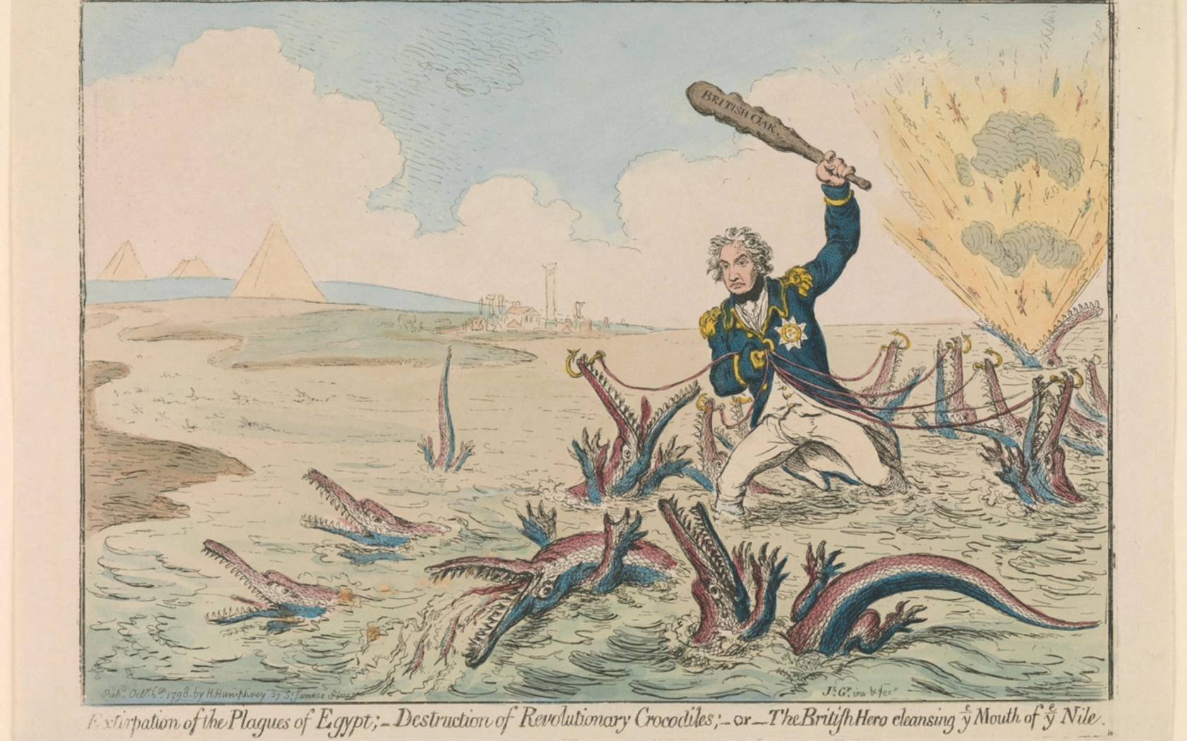 A 1798 cartoon by James Gillray depicting Admiral Horatio Nelson destroying 'Revolutionary Crocodiles' coloured with the French Tricolore, after the Battle of the Nile at Aboukir Bay.