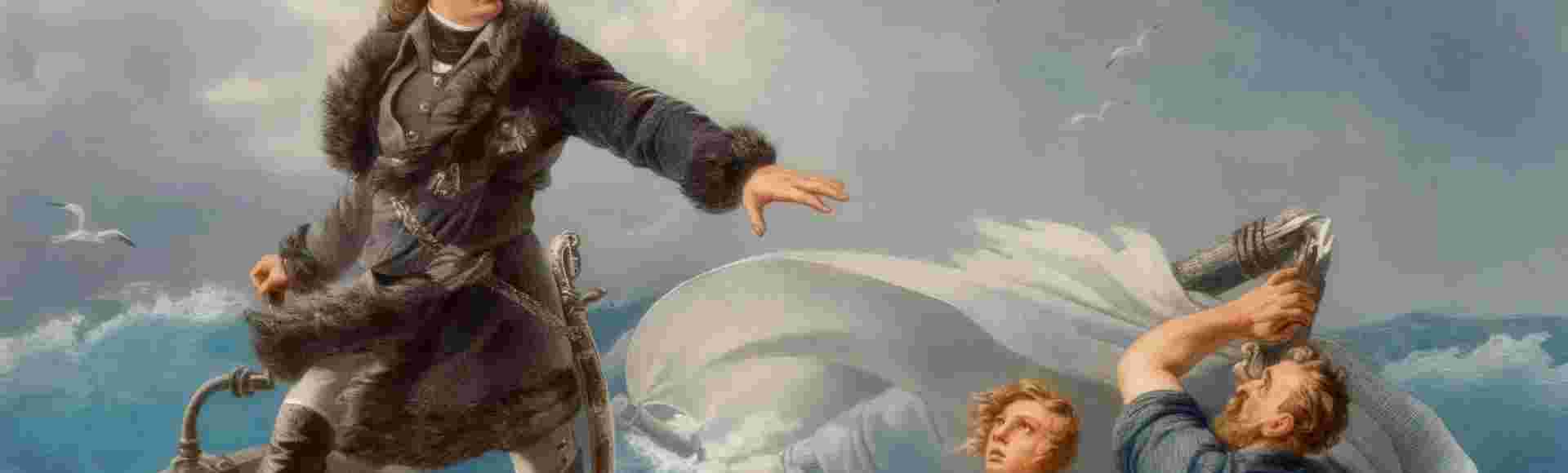 A digitally colourised engraving based on 'Peter the Great in a Storm on Lake Ladoga' by Charles Auguste, Baron de Steuben.