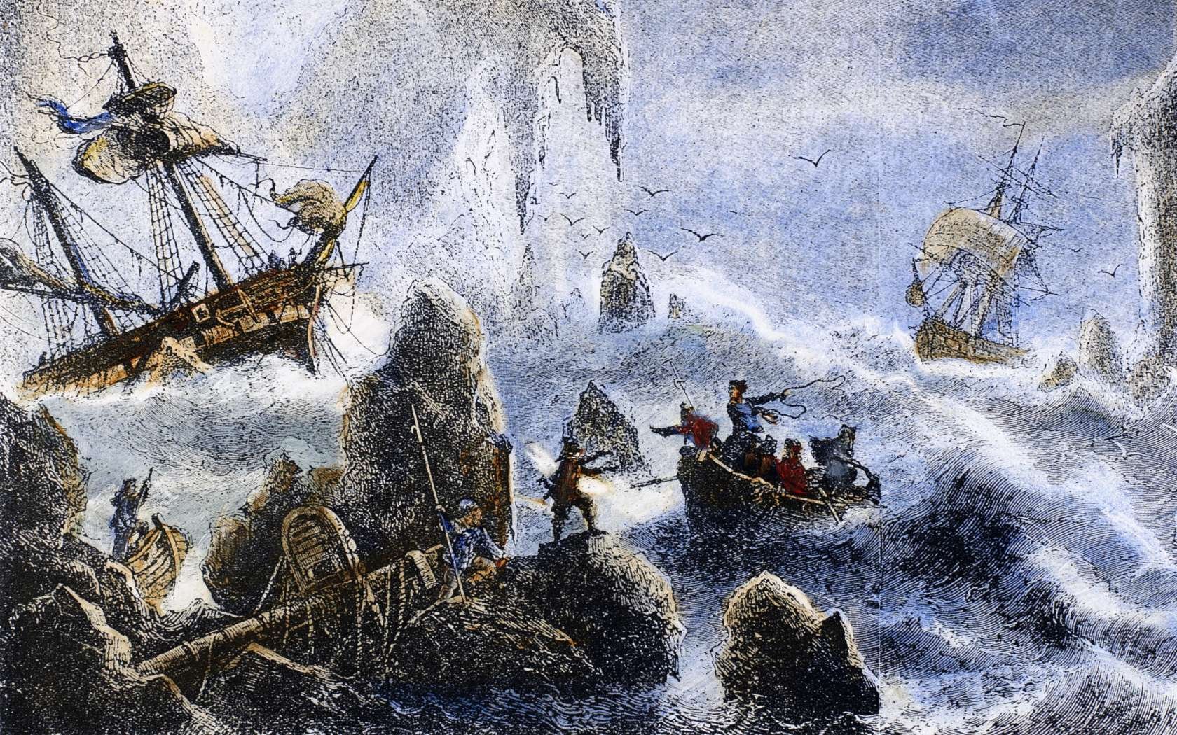 The shipwreck of Bering's ship and his crew off the Kamchatka peninsula in 1741.
