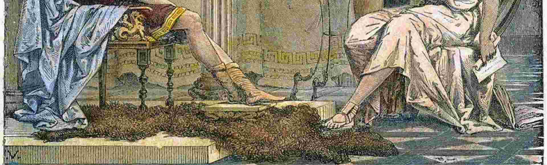 A 19th-century engraving depicts Aristotle teaching Alexander the Great.