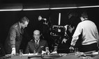 George C. Scott as General 'Buck' Turgidson Peter Sellers as President Merkin Muffley and director Stanley Kubrick in Dr Strangelove.