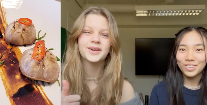 Astrid Andersson och Angelin Kongpachith. Till vänster: deras gyoza. Foto: Bild från presentationsvideo