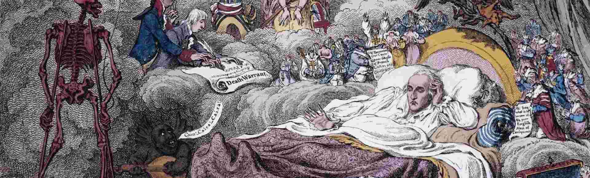 A political caricature, 'Political Dreams, Visions of Peace, Perspective Horrors', by James Gillray of Pitt the Younger.