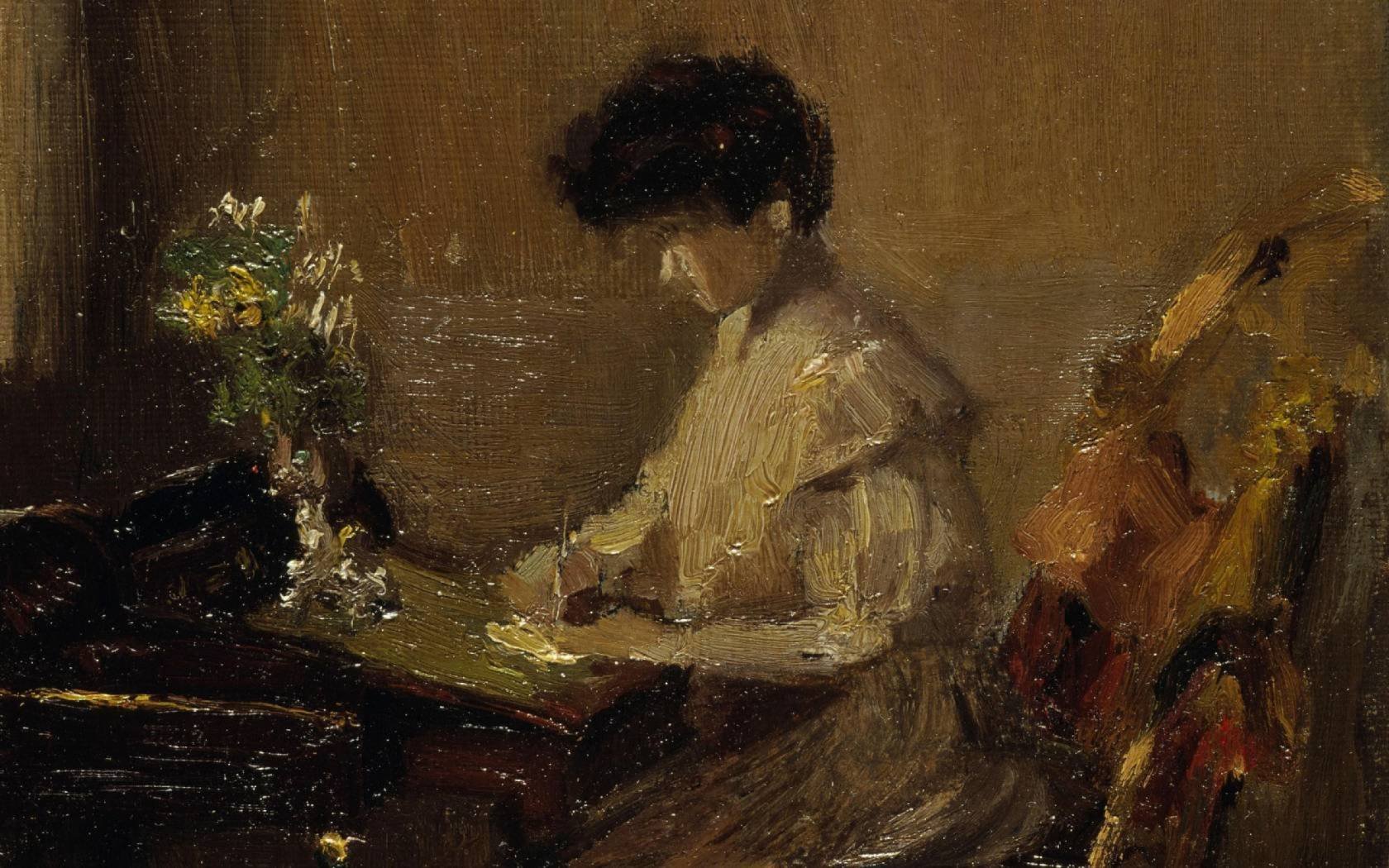 Danish woman at a writing desk with a vase of flowers, Christian Valdemar Clausen.