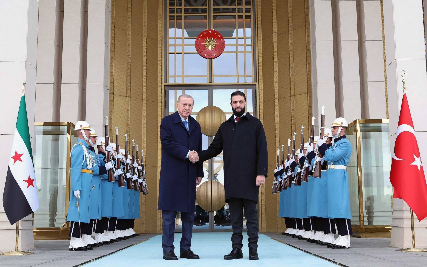 Turkish President Recep Tayyip Erdoğan with Syria's interim President Ahmed al-Sharaa at the Presidential Complex in Ankara, Turkey, on 4 February, 2025.