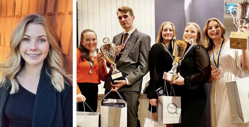 Ida Pettersson tog hem guld i kategorin hotell. Till höger tillsammans med de övriga vinnarna, Emma Andersson och Elin Wijk i kök, samt Tage Dahlberg och Ellen Hettne i servering. Foto: Privat/ Gymnasie-SM