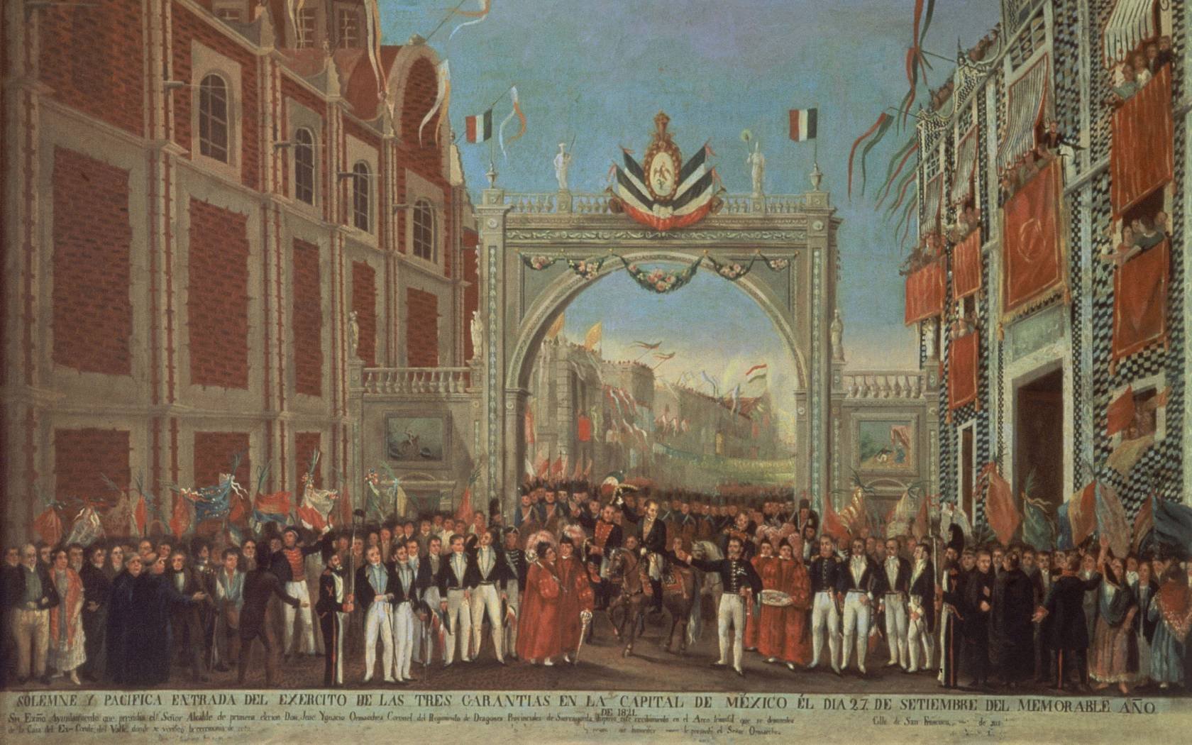 Mexican general Agustín de Iturbide rides through a ceremonial arch to welcoming officials in Mexico City on September 27, 1821 after decisively winning independence for Mexico.