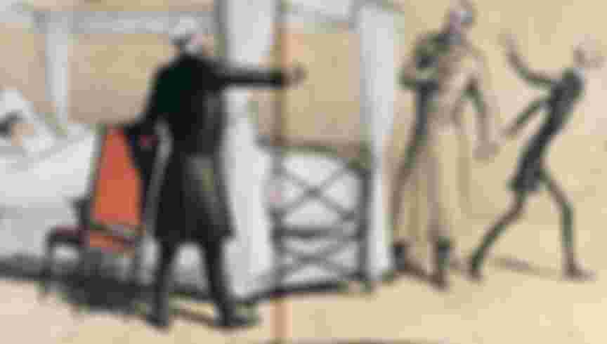 ITALY - CIRCA 2003: National pathology, satirical cartoon with Francesco Crispi, Giovanni Giolitti and Giuseppe Zanardelli, from Pasquino magazine, 21 January, 1894. Italy, 19th century.