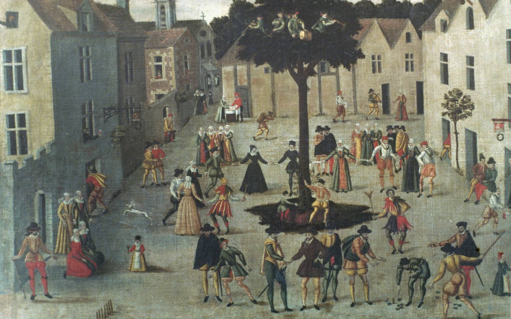 A painting of a holiday in a small 16th Century French town.
