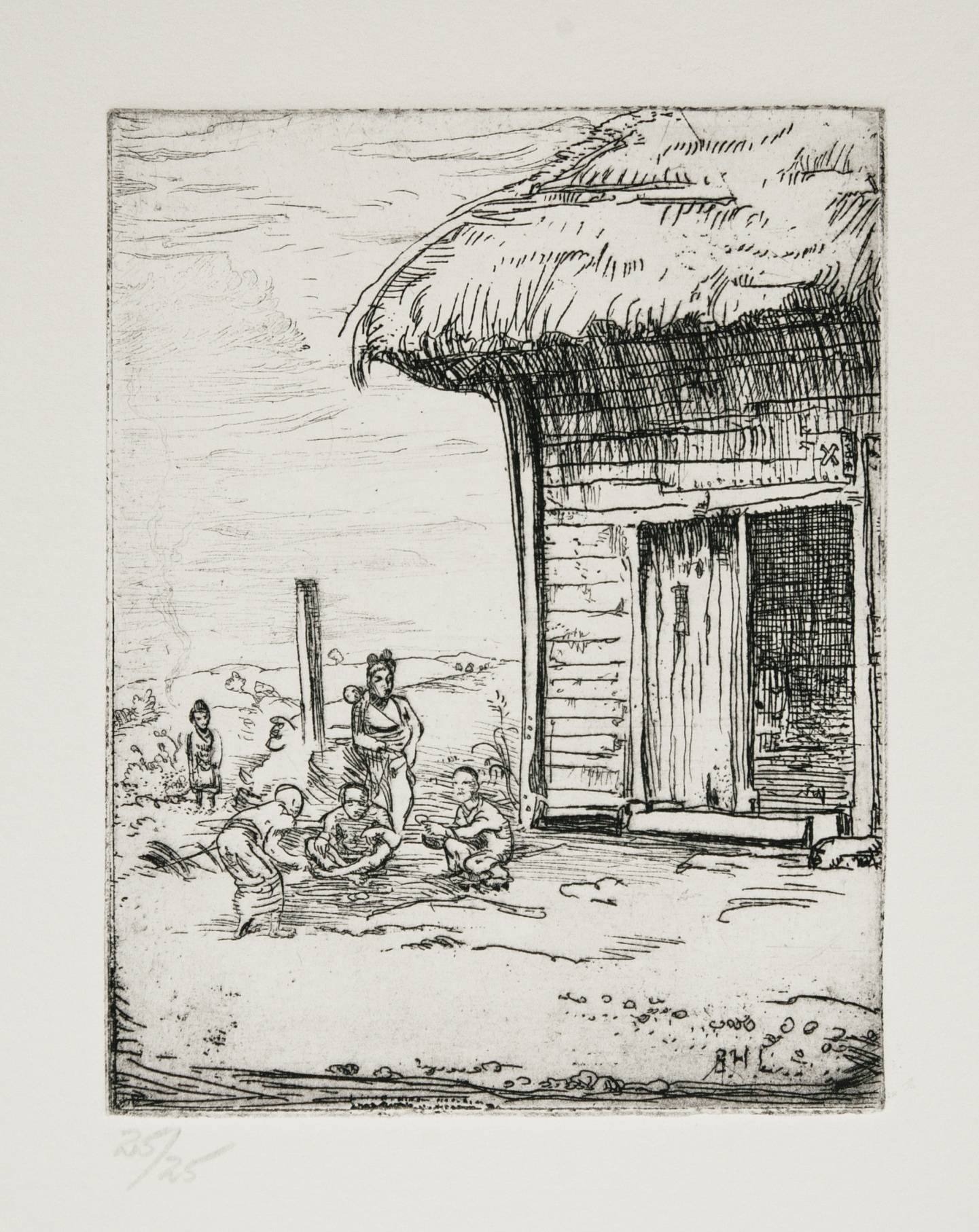 An etching by Bernard Leach, titled Japanese Farmhouse, 1912.