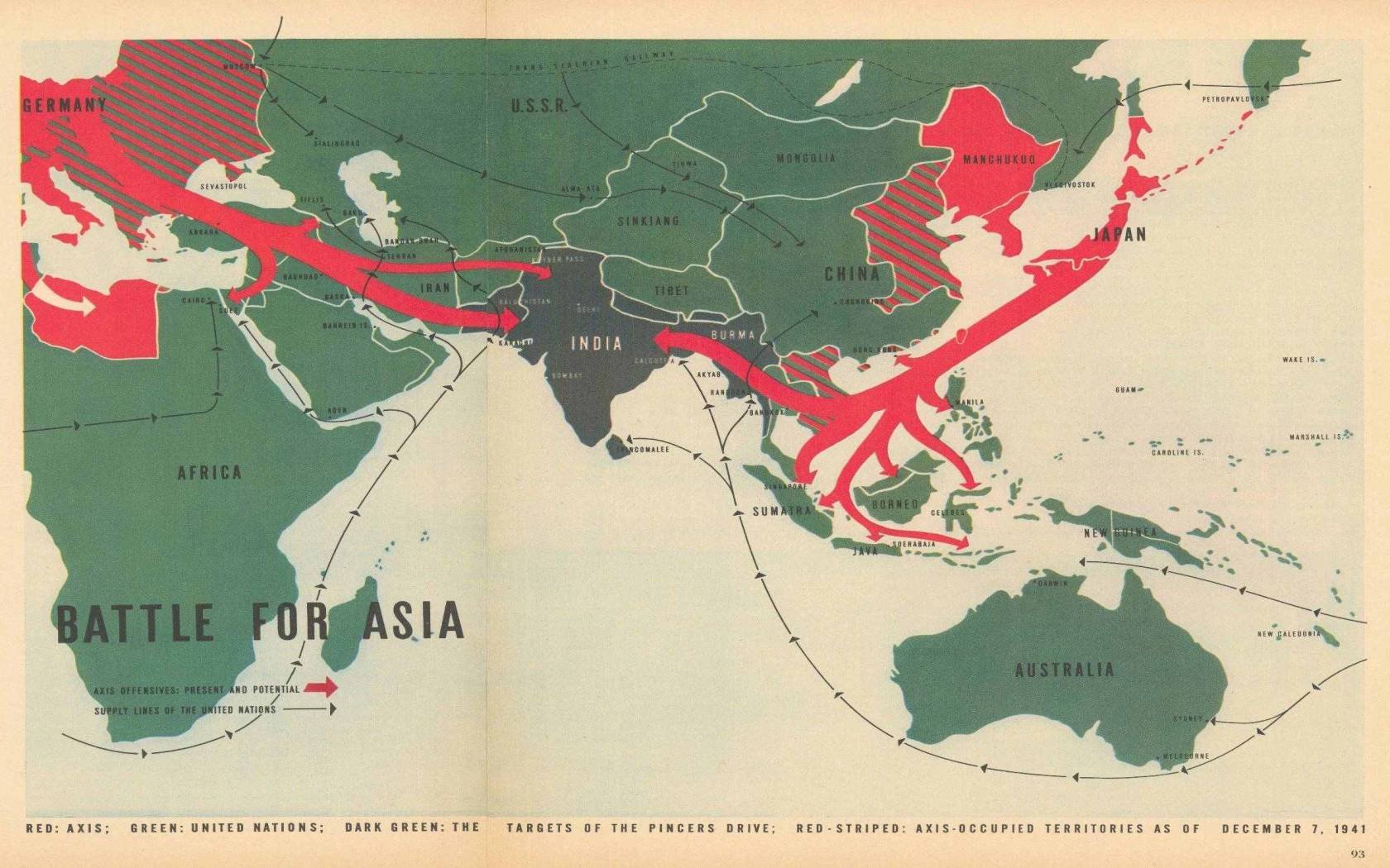 A 1942 map illustration in Fortune magazine showing the Axis threat to British India.