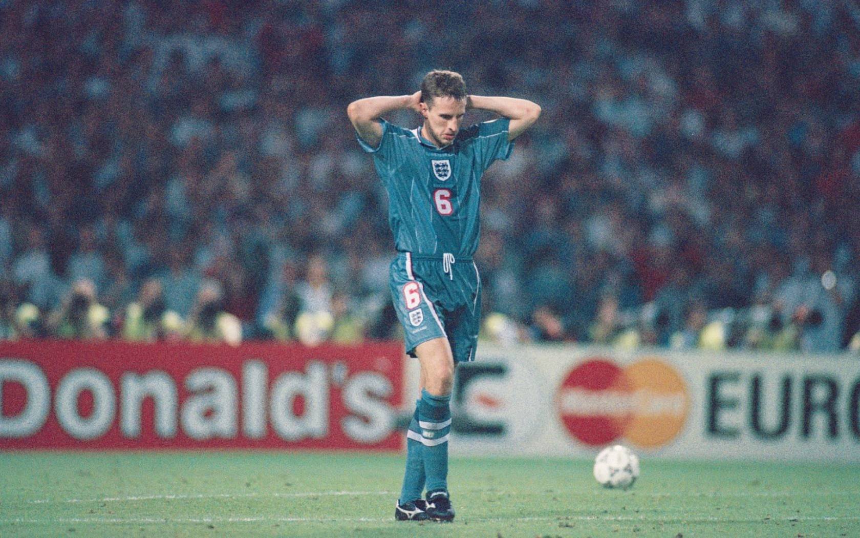 Gareth Southgate after missing his penalty during the European Championship Finals semi final between England and Germany at Wembley, on June 26, 1996. Germany won the match on penalties.
