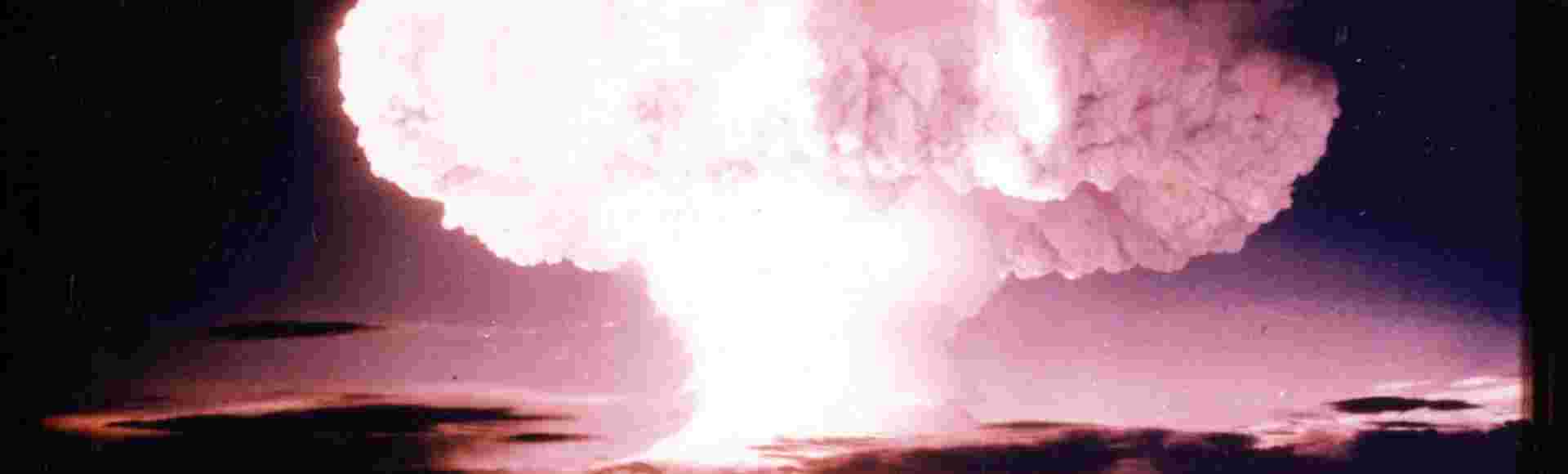 A photograph of nuclear testing at Pacific Island test sites.