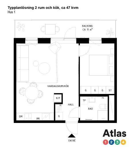 Typplanlösning Hus 1, 2 rum och kök