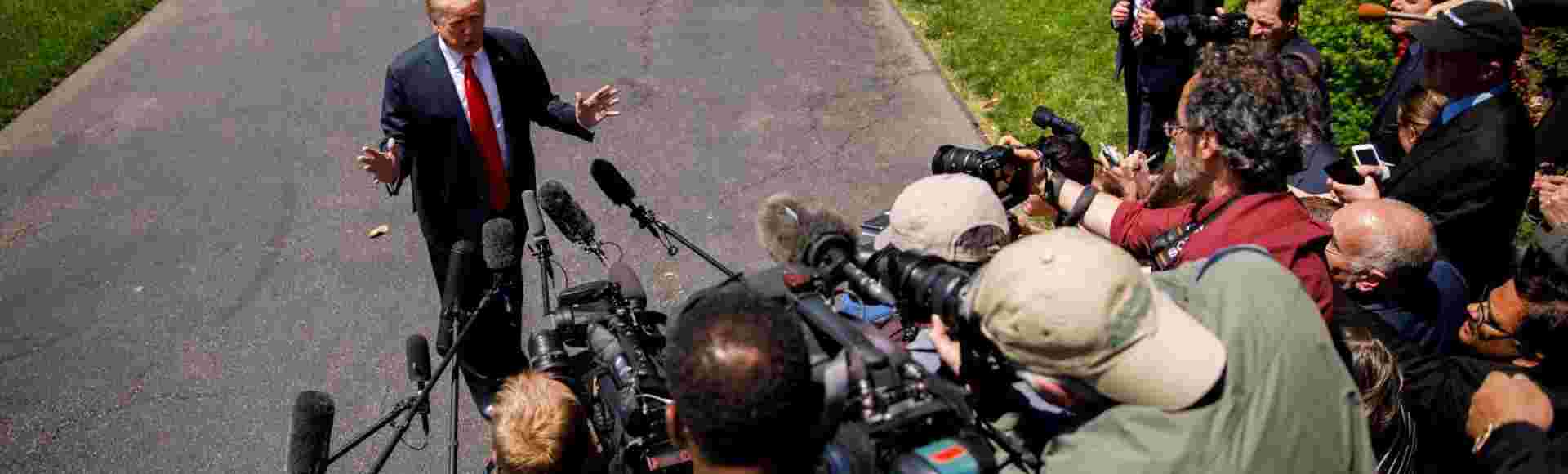 Donald Trump addresses reporters about US policy in the Middle East in 2019.