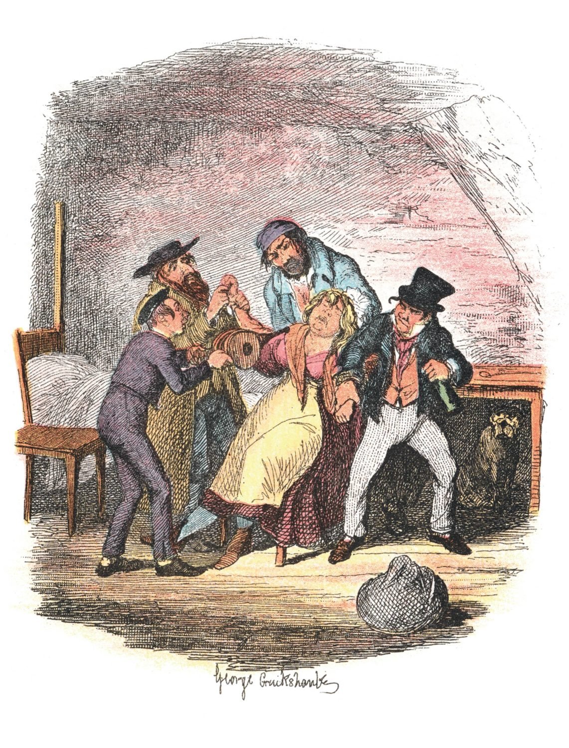 Fagin and his pupils recovering Nancy, drawn by George Cruikshank