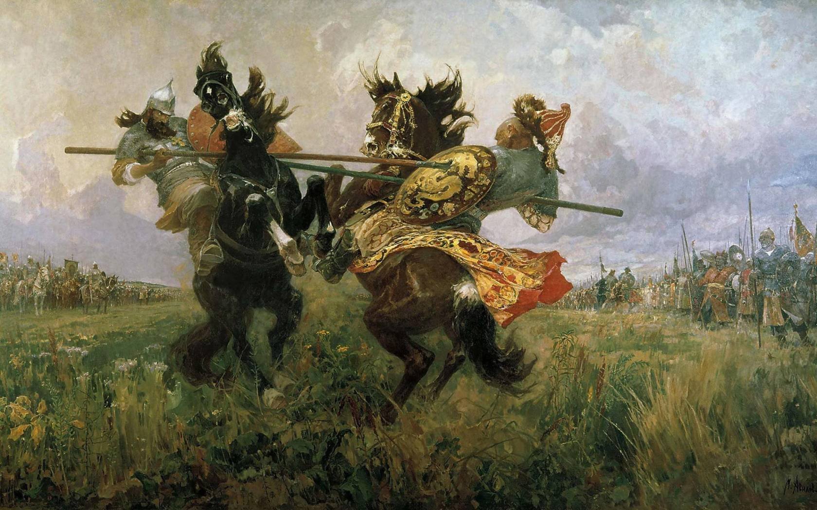 The Duel of Peresvet and Chelubey at the Battle of Kulikovo (1943) by Mikhail Ivanovich Avilov.