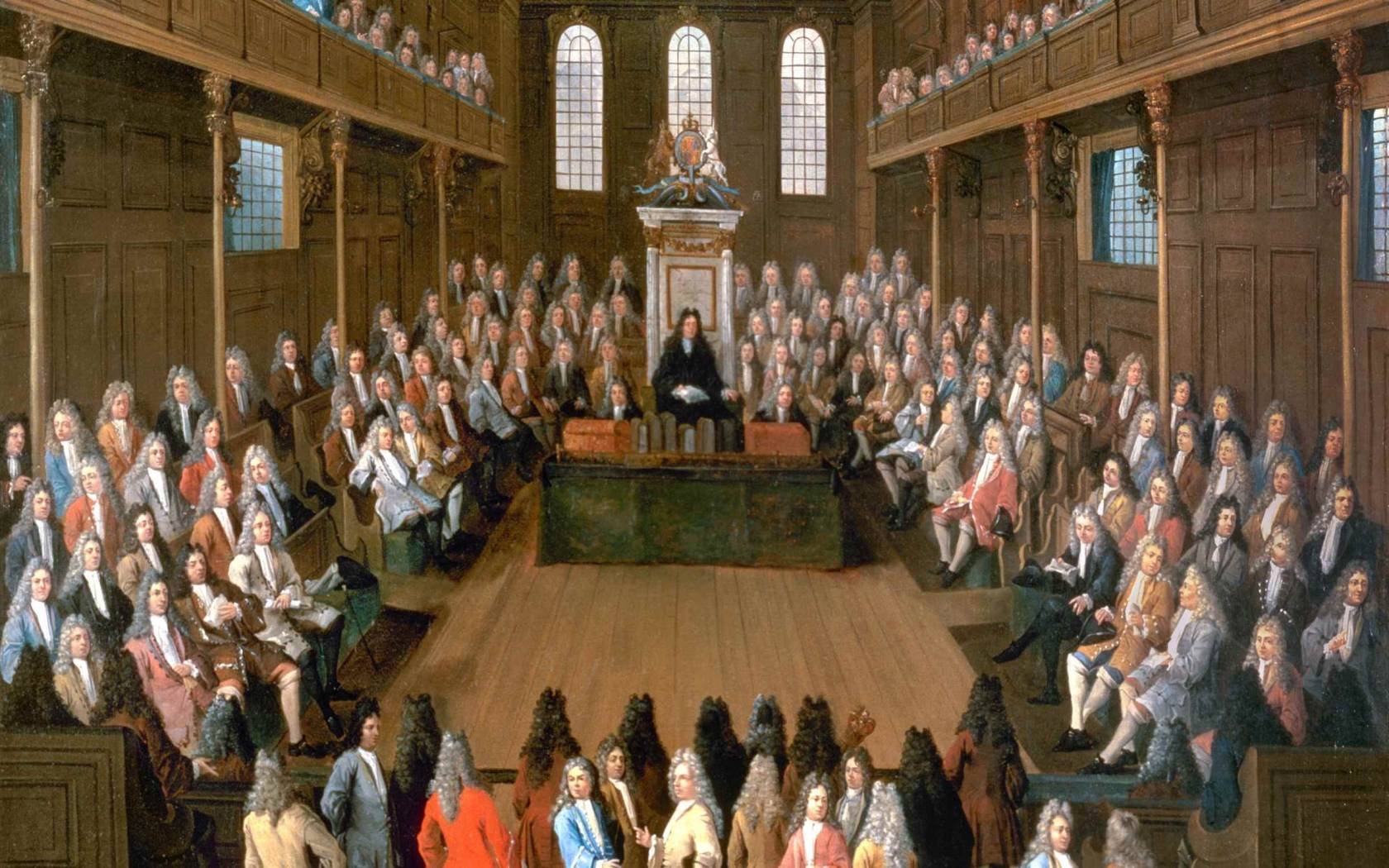 The House of Commons (c. 1710), in the former St. Stephen's Chapel in the Old Palace of Westminster. Oil on canvas by Peter Tillemans.