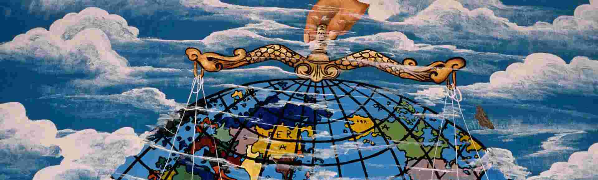 A painting on the wall of a globe.