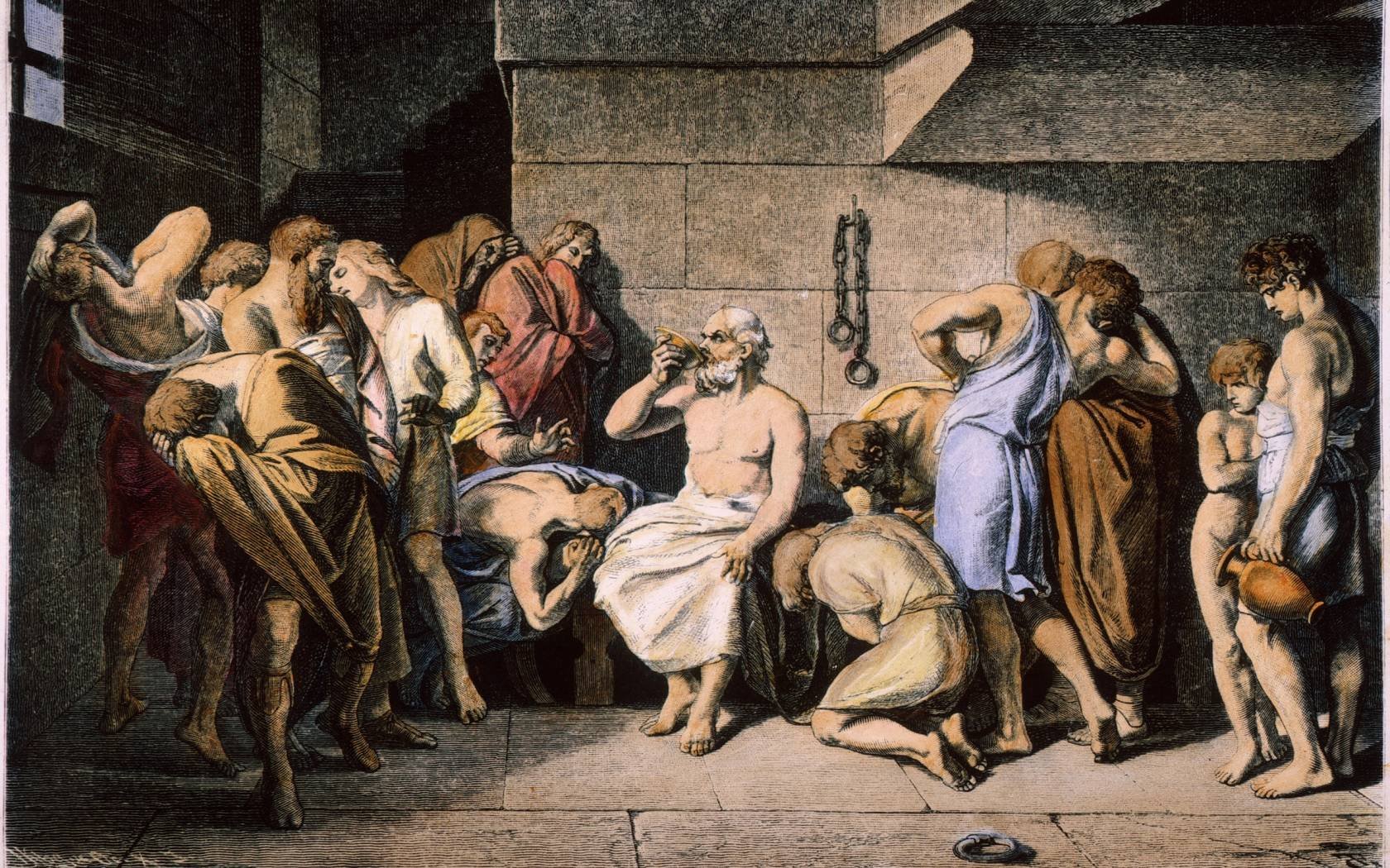 A 19th Century German woodcut of the death of Socrates.