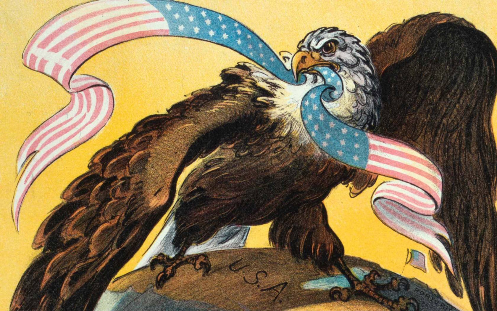 An American Eagle standing on guard over the Western Hemisphere. Political Cartoon from 1904.