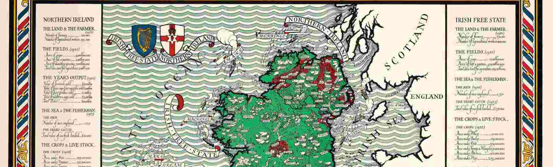A 1929 map of the Irish Free State and Northern Ireland, portraying their agricultural products and fisheries.