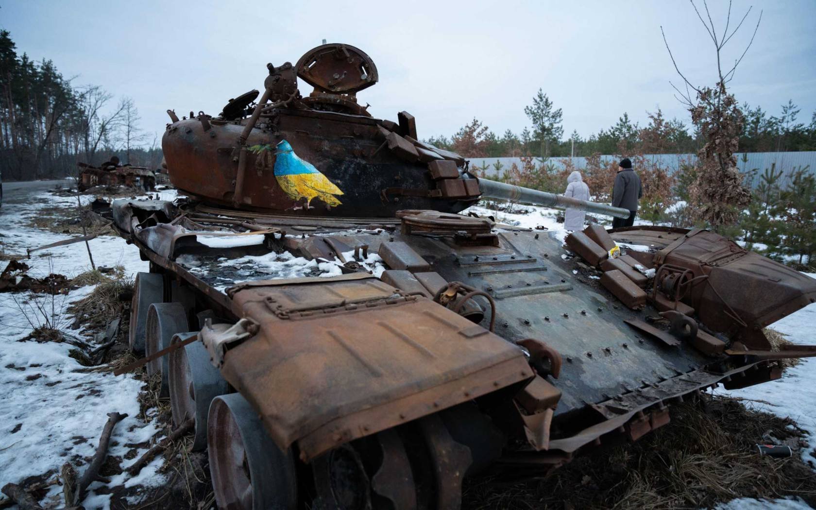 A destroyed Russian tank with the image of a dove painted in the Ukrainian national colours, in Irpin, Ukraine.