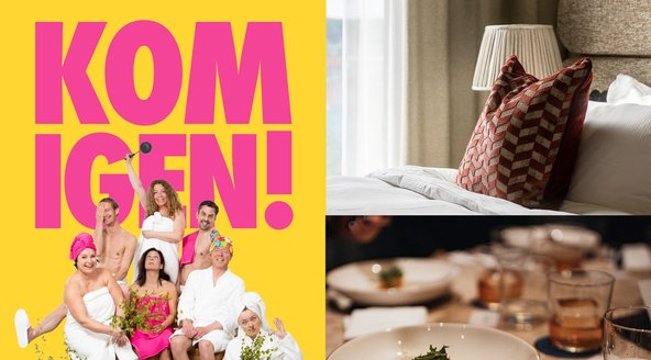 Dekorkudde, mat och Mittrevyns affisch från Nyårsrevyn Kom Igen