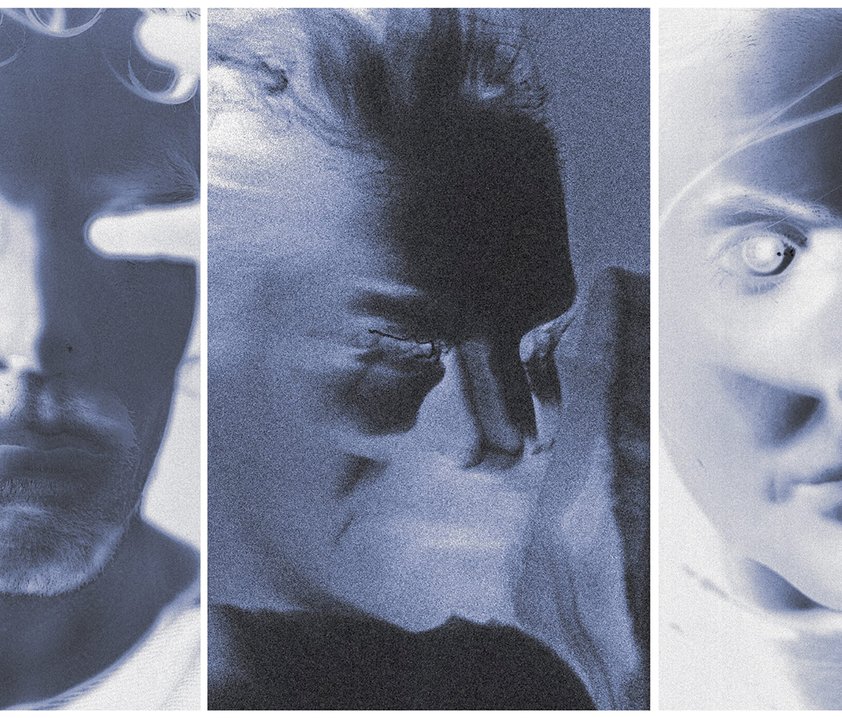 Tredelad bildserie i blåtoner som visar närbilder av ett ansikte i olika vinklar med experimentellt ljus och oskarpa rörelser.