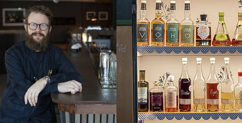 Emil Åreng är bartender och<br />
konceptutvecklare på Facit Bar, där de svenska<br />
dryckerna uppställda på rad. Foto: Annika Goldhammer