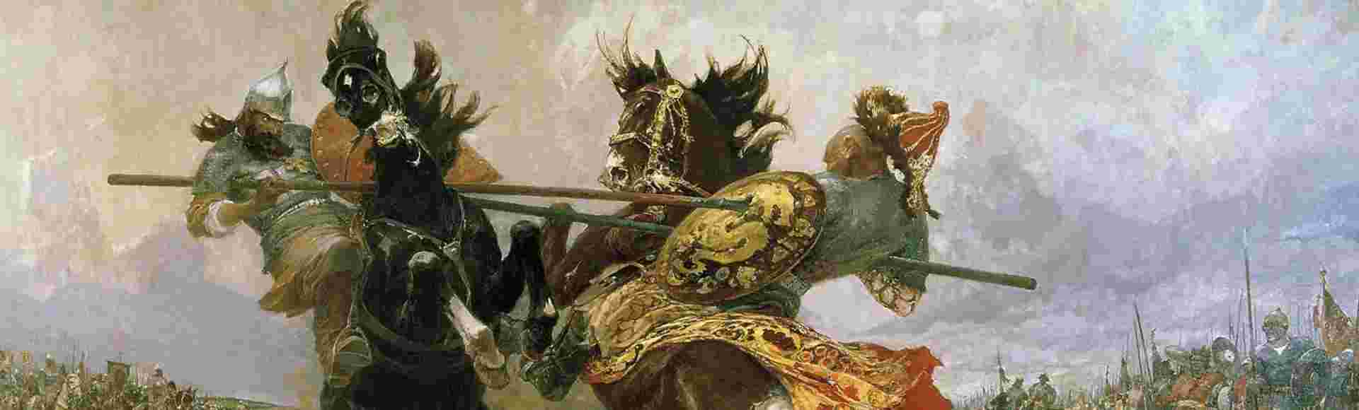 The Duel of Peresvet and Chelubey at the Battle of Kulikovo (1943) by Mikhail Ivanovich Avilov.