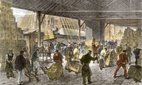 Unloading cargo ships in the British East India Company docks in 19th century London. Hand-colored woodcut
