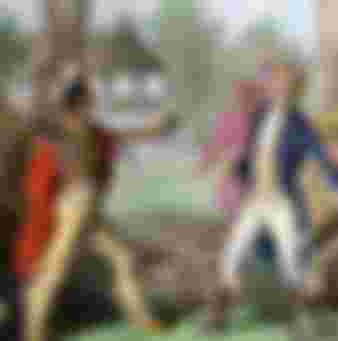 Shawnee chief Tecumseh confronting William Henry Harrison in Indiana.