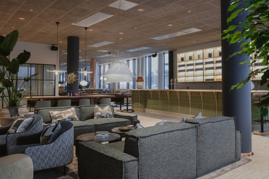 Loungegrupp och Hern&ouml; Gin bar p&aring; plan tv&aring;