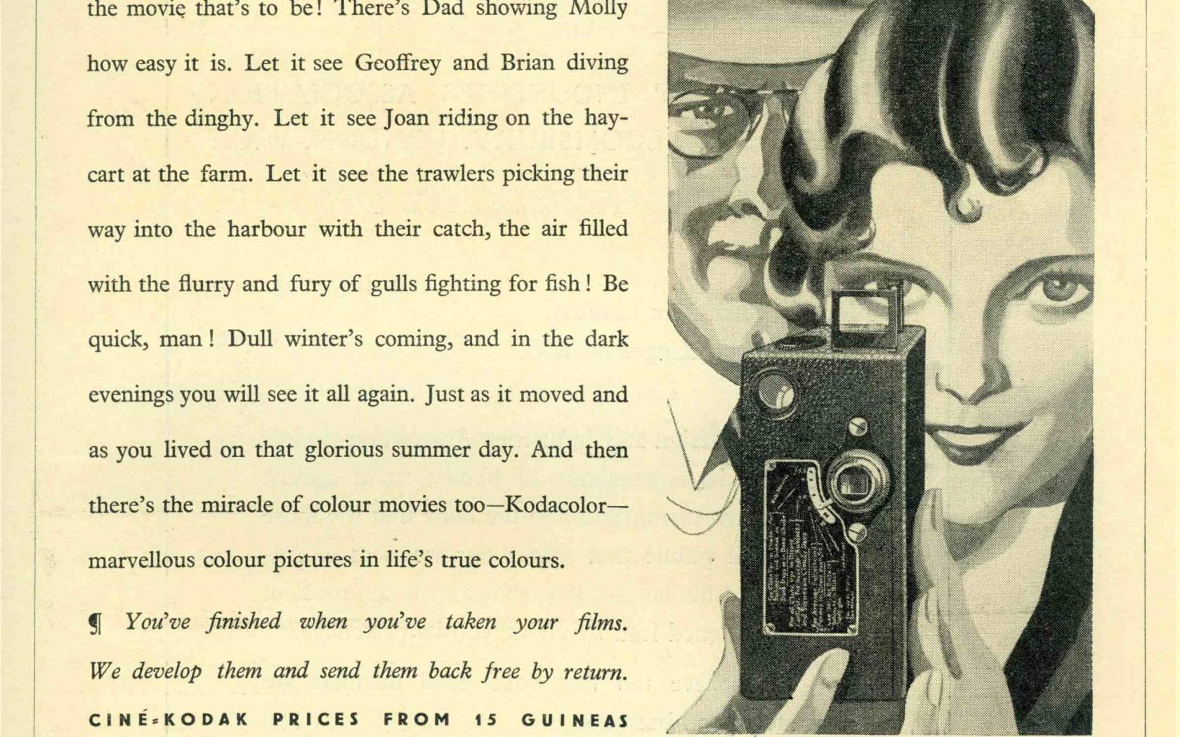 Advertisement from July 1930 for the CINE-KODAK home movie camera for black and white.