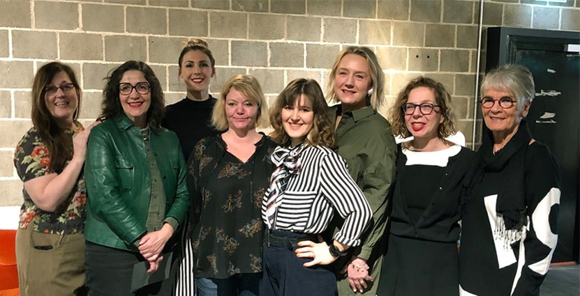 Stellagalans juryordförande Maria Printz, Erika Eriksson, Hanna Halpern, Anna Gidgård och Ella Nilsson med juryansvariga Anna Antonia Svedberg, Maja Berthas samt Anette Rosvall.  Foto: Anna Lind Lewin.