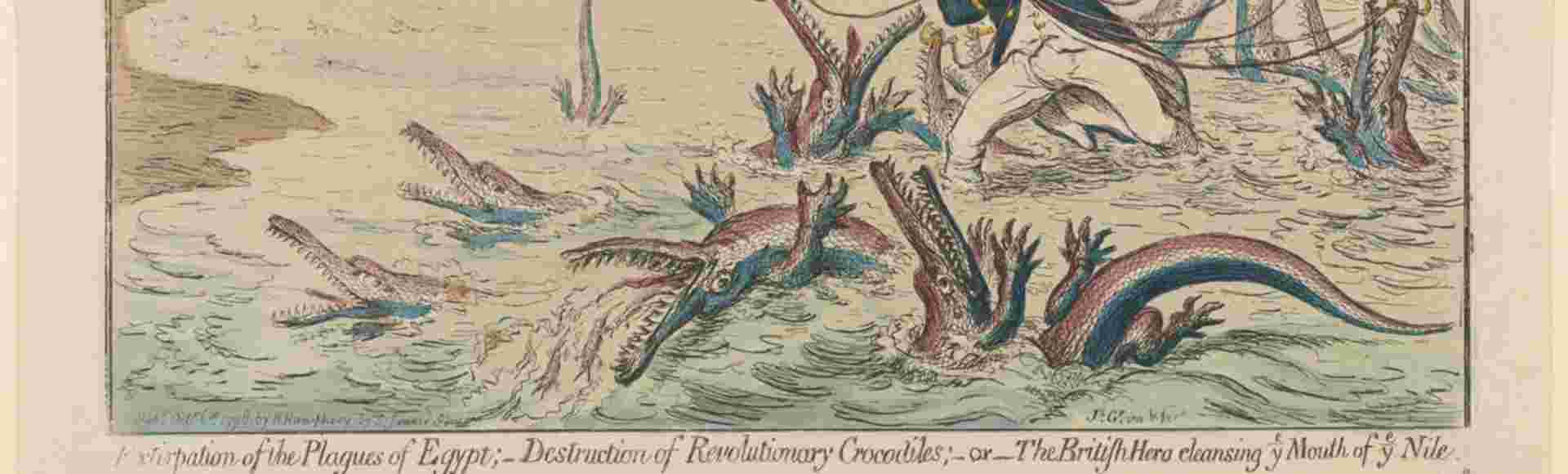 A 1798 cartoon by James Gillray depicting Admiral Horatio Nelson destroying 'Revolutionary Crocodiles' coloured with the French Tricolore, after the Battle of the Nile at Aboukir Bay.