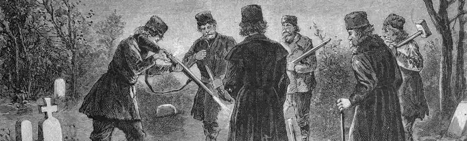 Men attempting to kill a vampire in Romania in the late 19th century.