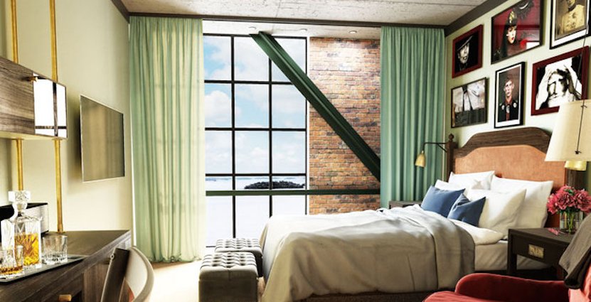 I hotellrummen kombineras gamla detaljer med nya. 